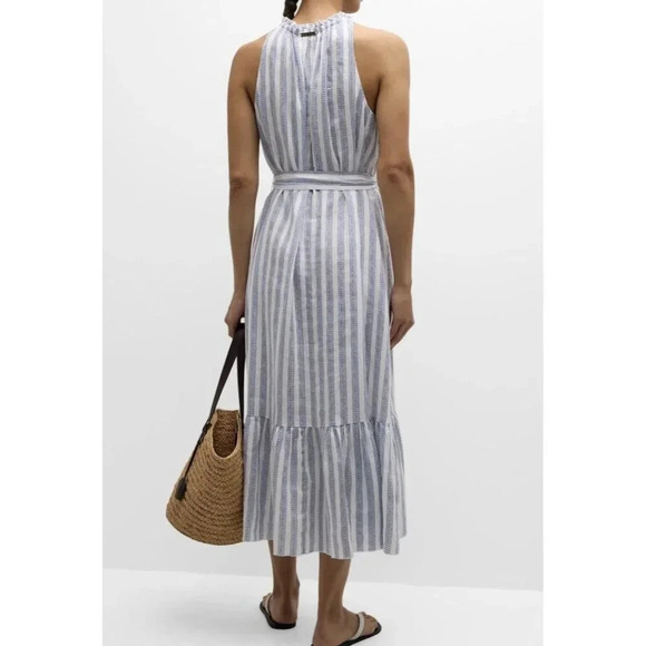 Heidi Klein Women’s Sardinia Frill Belted Midi Dress Linen Size Small Blue White - Picture 2 of 12